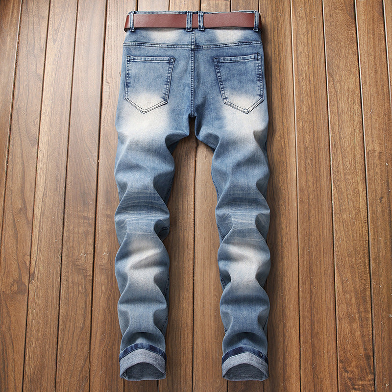 Men's Stretch Light Blue Denim Patchwork Jeans