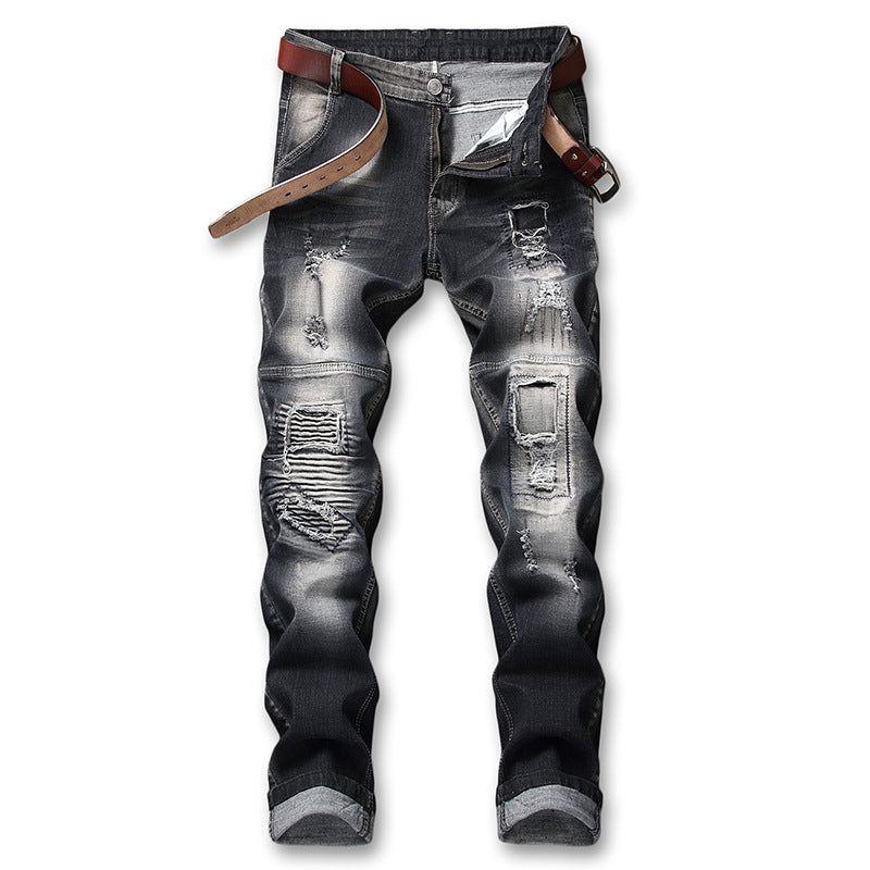 Men's Stretch Light Blue Denim Patchwork Jeans