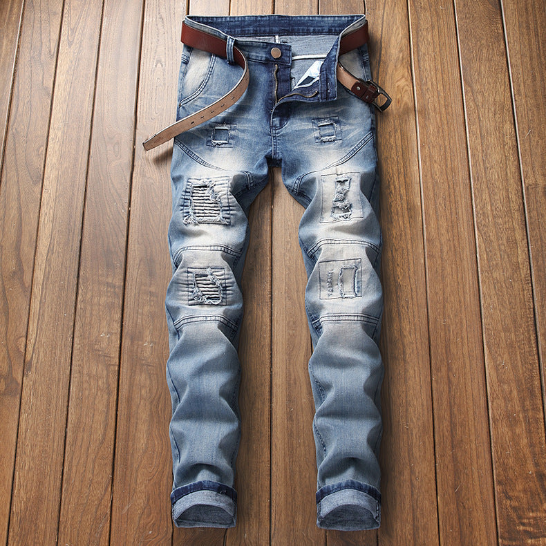 Men's Stretch Light Blue Denim Patchwork Jeans