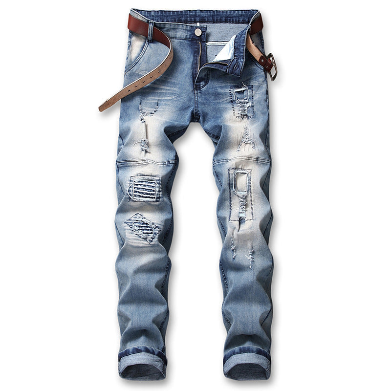 Men's Stretch Light Blue Denim Patchwork Jeans